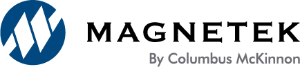 Logo of Magnetek by Columbus McKinnon, featuring a blue circular icon with white geometric shapes, next to the word MAGNETEK in bold black letters and By Columbus McKinnon in gray text below.