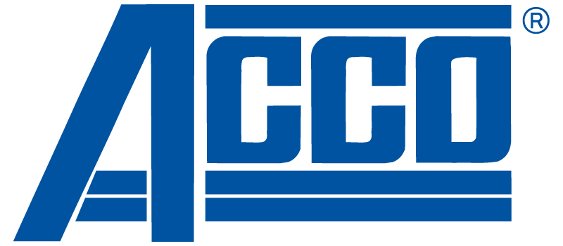 Blue ACCO logo in bold, stylized uppercase letters with two horizontal lines beneath CCO and a registered trademark symbol in the top right corner.