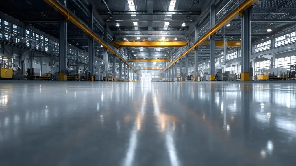 A spacious, modern industrial warehouse with polished concrete floors, high ceilings, yellow cranes, and large windows letting in natural light. The area appears clean, organized, and mostly empty.
