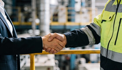 Two people shake hands in an industrial setting; one wears a business suit and the other wears a high-visibility work jacket, symbolizing collaboration between business and industry.