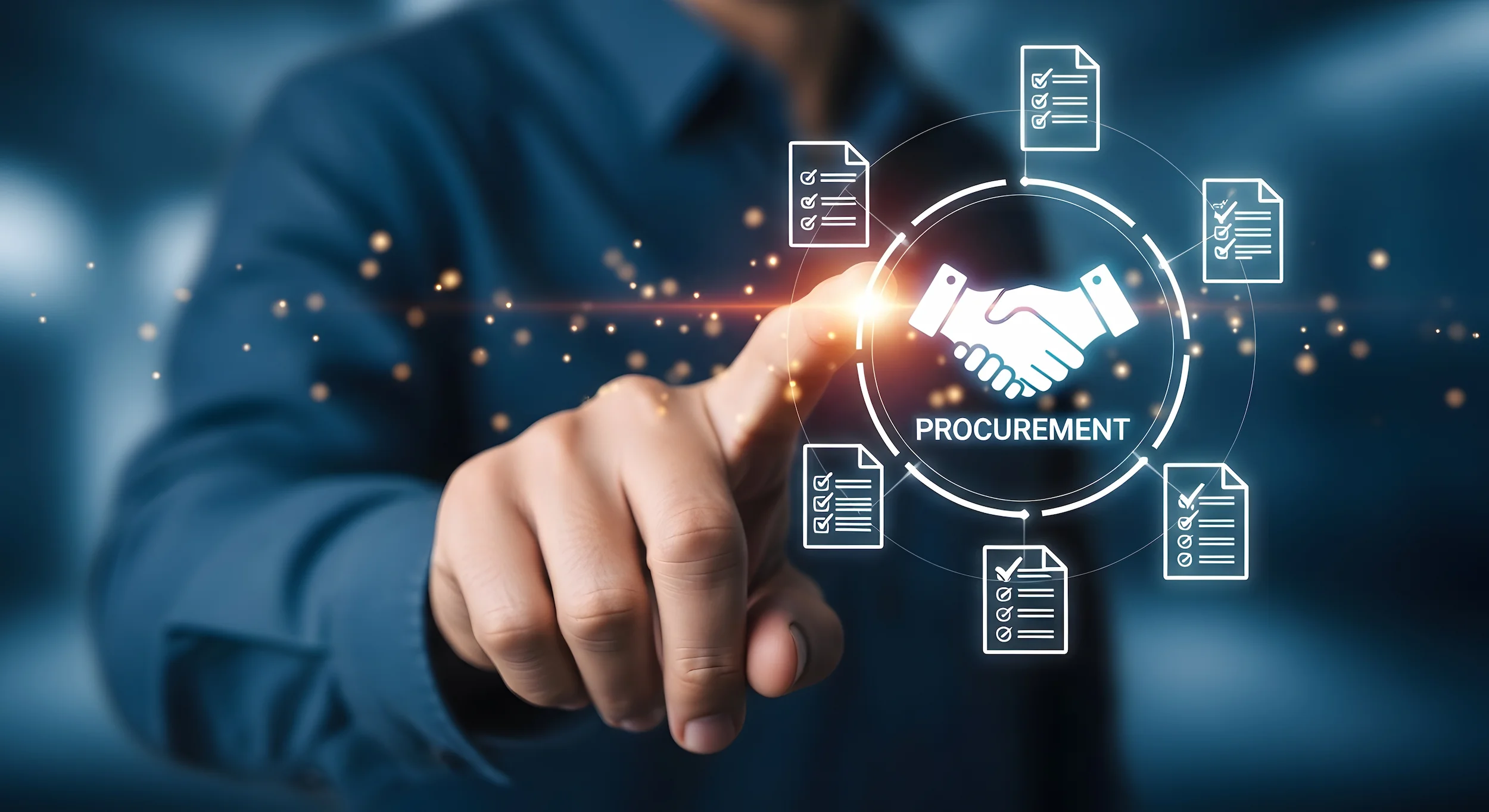 A person in a blue shirt touches a virtual screen displaying the word PROCUREMENT with handshake and document icons, representing a digital procurement process.
