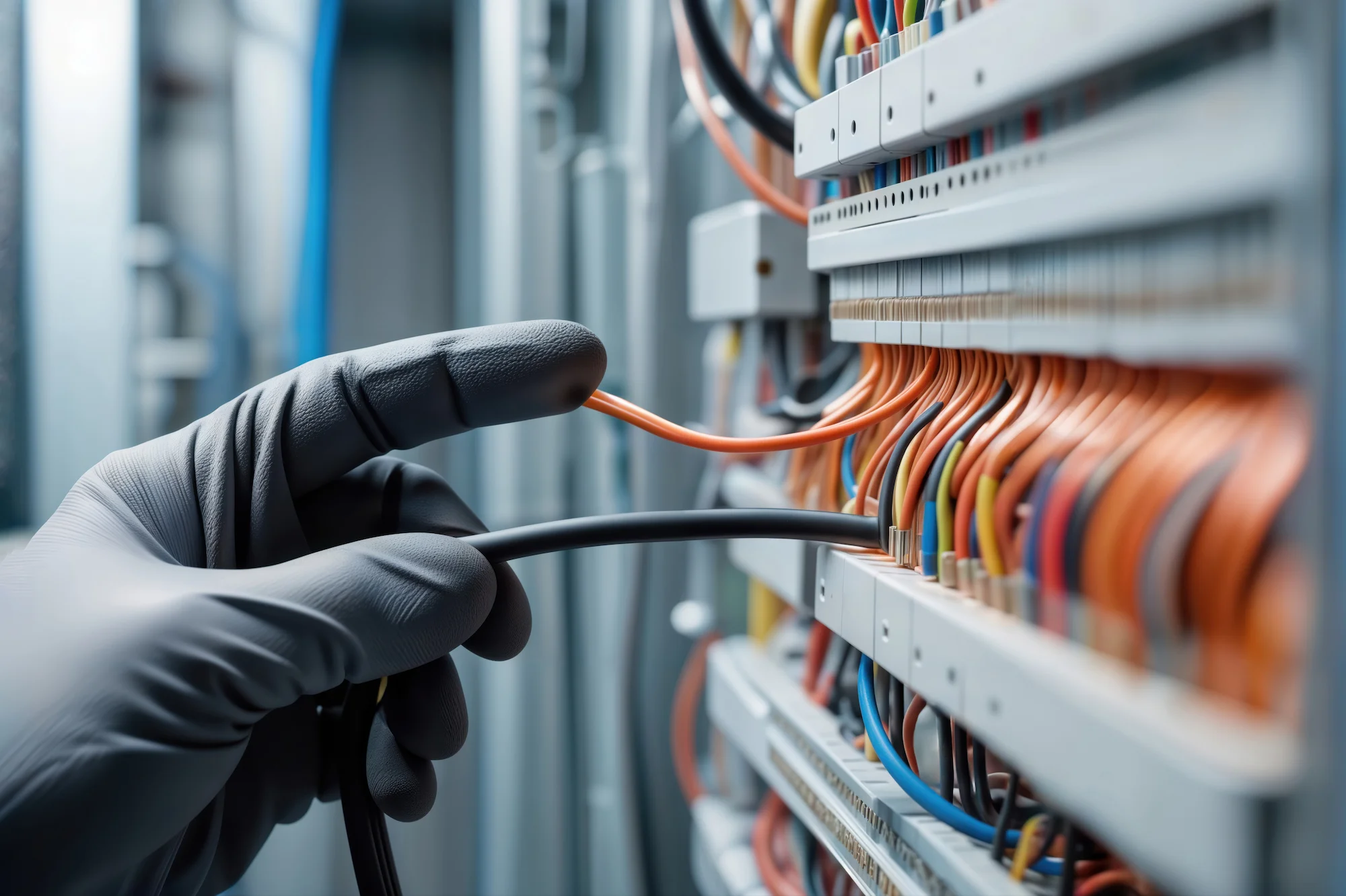 A gloved hand connects cables to an electrical panel filled with organized, colorful wiring inside a technical or industrial setting.