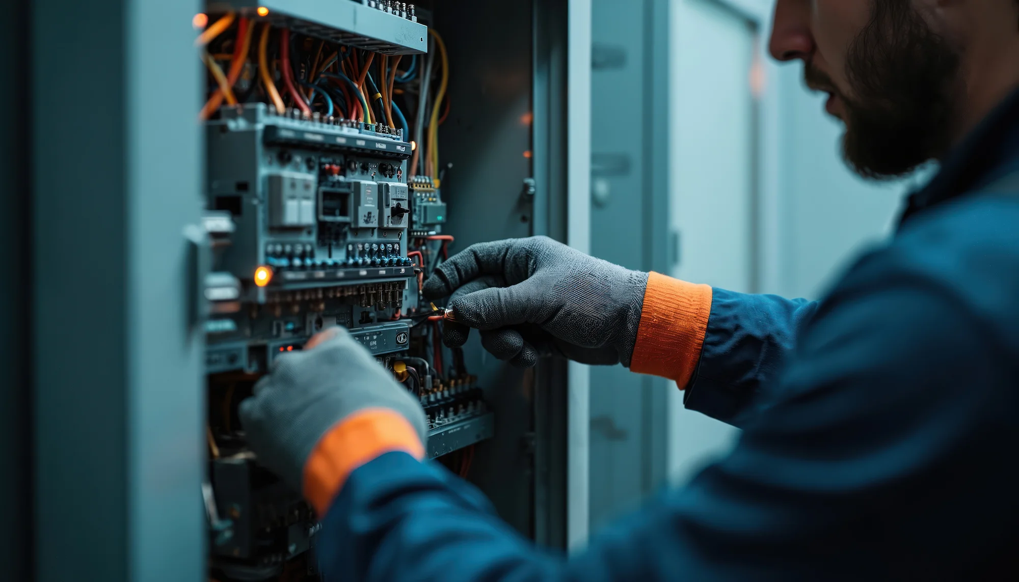 A person wearing gloves and a blue uniform with orange cuffs is working on wiring inside an electrical control panel filled with various wires and components.
