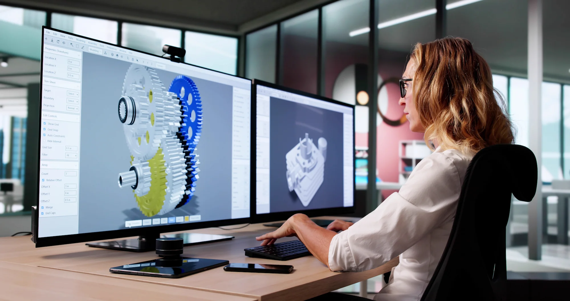 A person with long hair and glasses works at a desk with two large monitors displaying 3D mechanical gear models in a modern office setting.