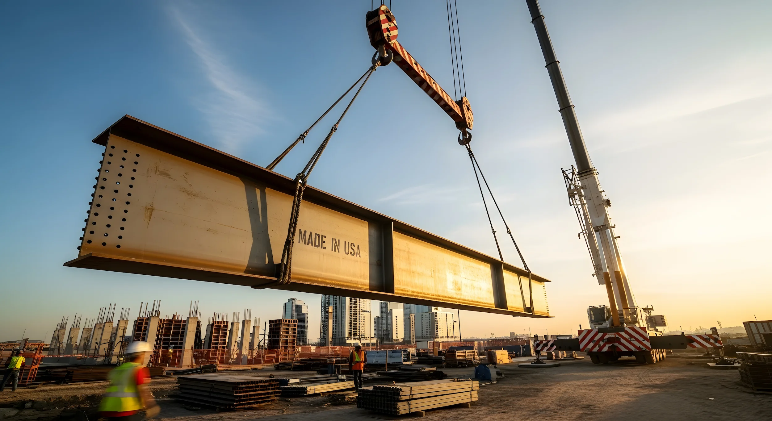 A large steel beam labeled MADE IN USA is being lifted by a crane at a construction site. Workers in safety gear and city buildings are visible in the background during sunset.