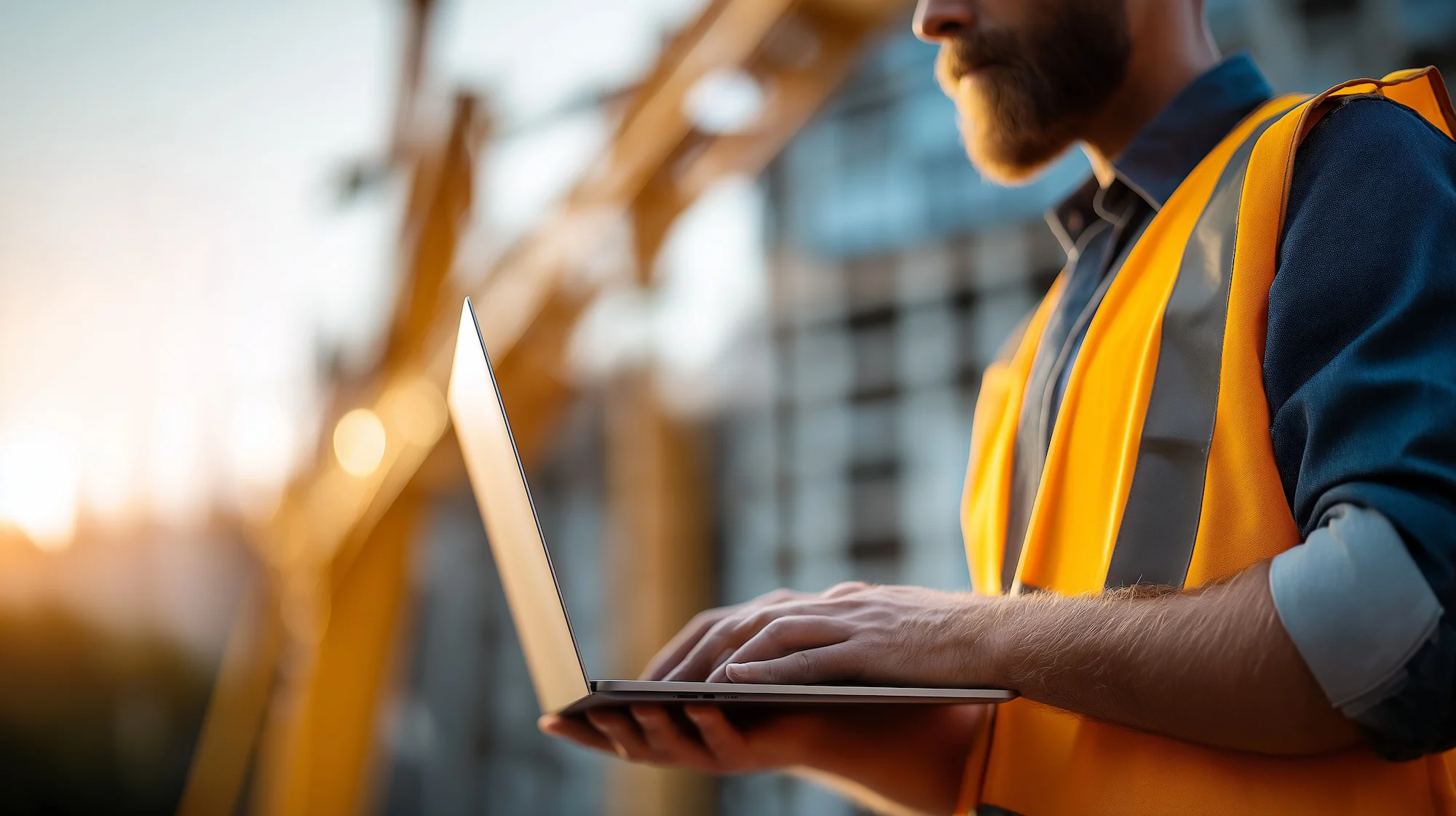 A construction worker in a reflective orange vest uses a laptop outdoors at a construction site, with blurred building structures and equipment in the background.