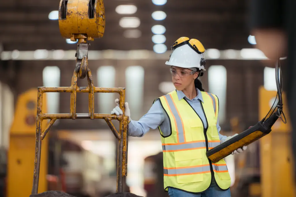 A woman wearing a hard hat, safety glasses, and a reflective vest operates heavy machinery with a remote control in an industrial warehouse setting. She is focused on the equipment in front of her.