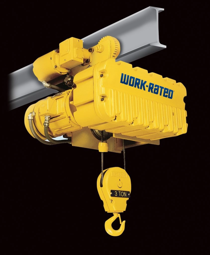 A yellow industrial overhead electric hoist labeled WORK-RATED, mounted on a metal beam, with a hook at the bottom marked 3 TON, against a black background.