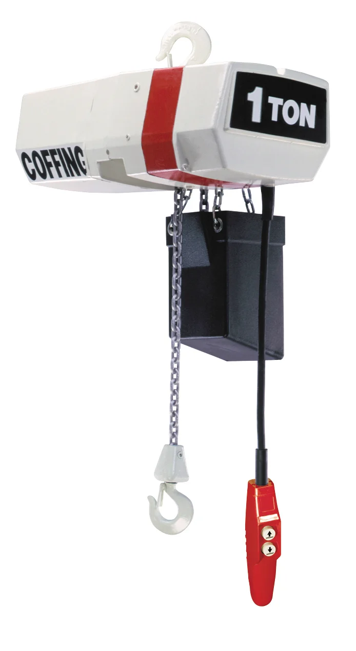A white and red electric hoist labeled 1 TON and COFFING, with a metal hook, hanging chain, black power box, and a red handheld control attached by a black cable.