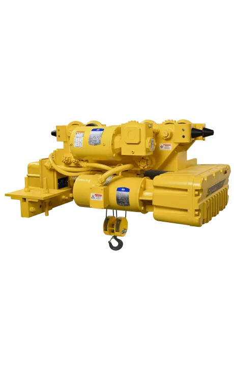 Industrial yellow electric hoist with a hook, cables, and labeled components, designed for lifting heavy loads in construction or warehouse settings.