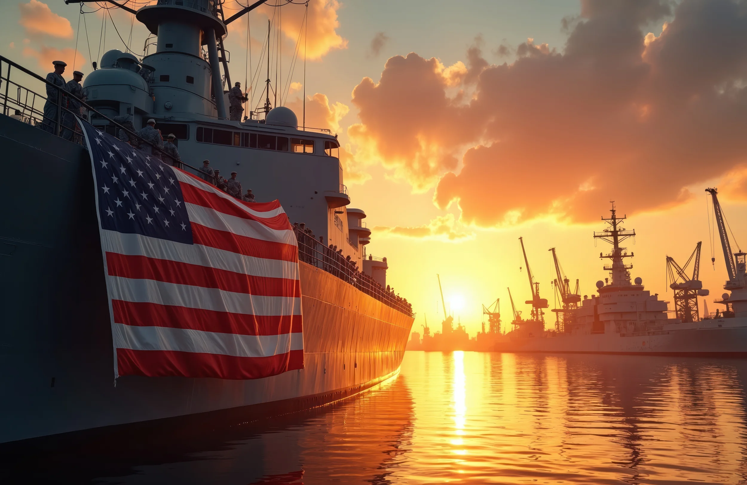 A large naval ship with a United States flag draped over its side is docked at a harbor during sunset, with silhouettes of cranes and other ships visible against the orange sky.