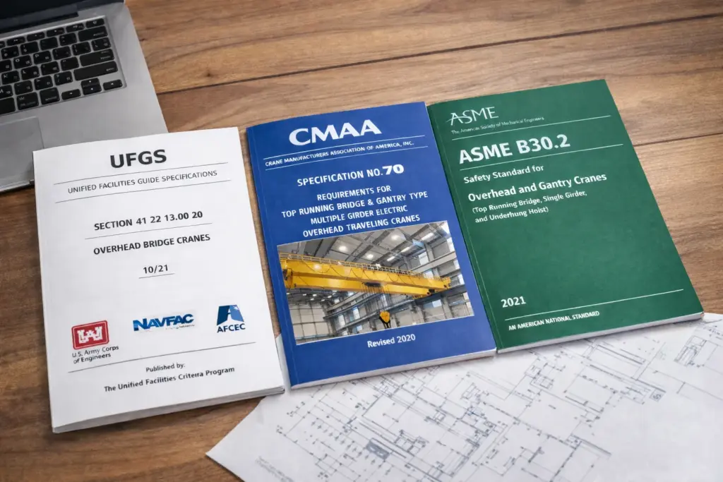 Three manuals about overhead bridge cranes are laid out on a desk: UFSG, CMAA Specification No. 70, and ASME B30.2. Part of a laptop and blueprints are visible in the background.