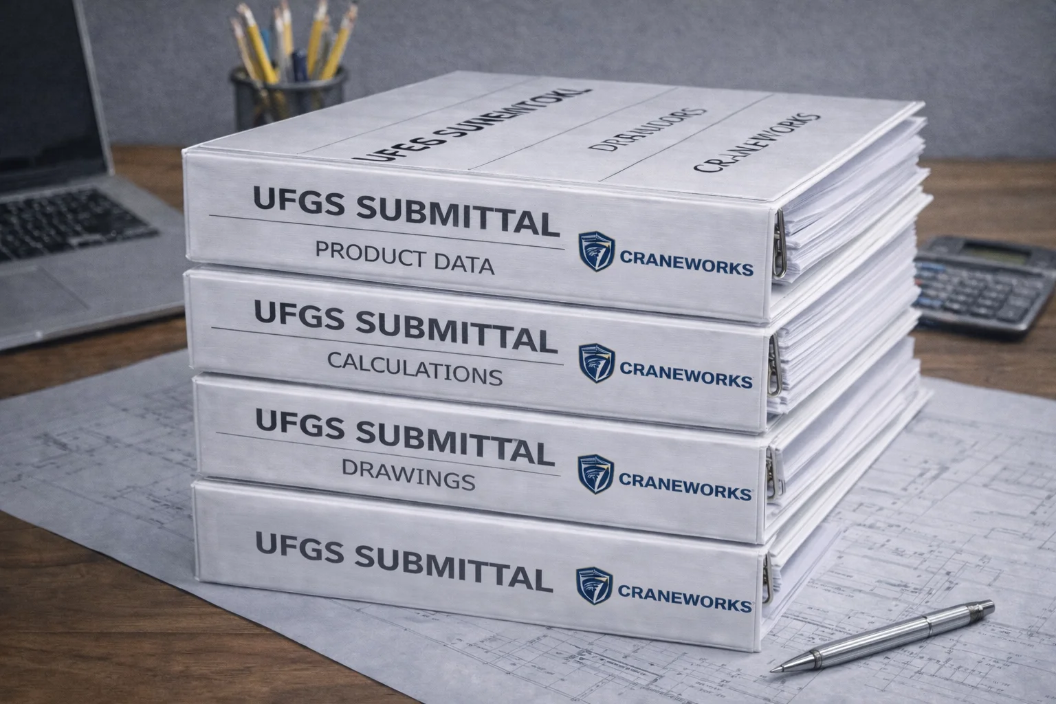Four large binders labeled UFGS SUBMITTAL with different sections—Product Data, Calculations, Drawings, and an unlabeled binder—placed on a desk with papers, a calculator, and pencils nearby.