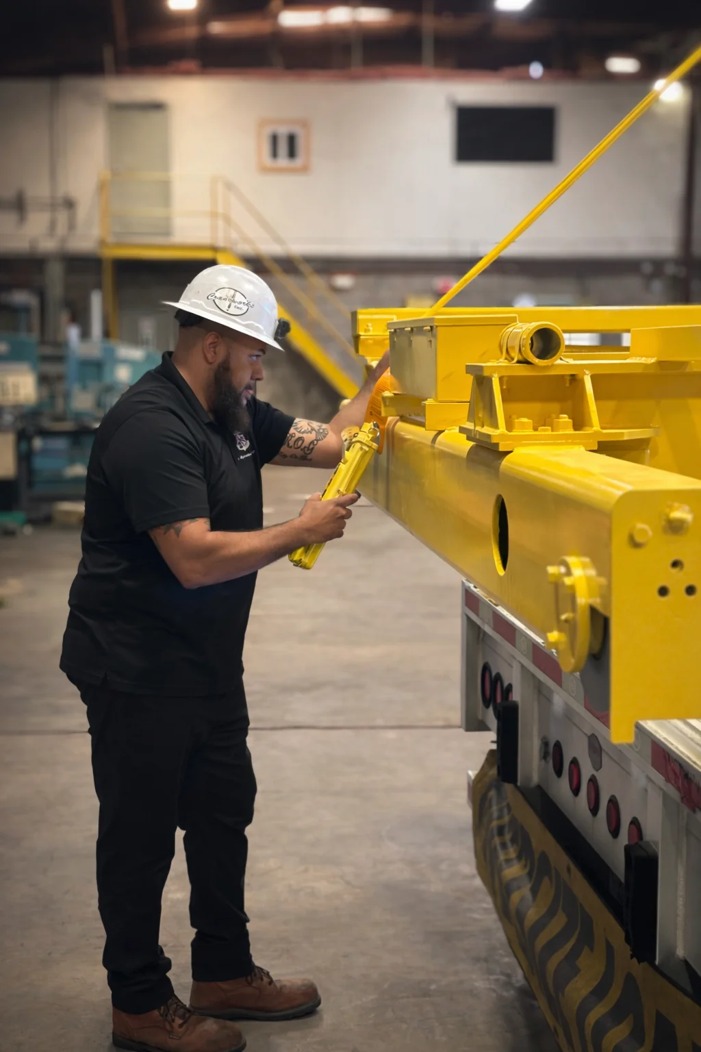 A man wearing a white hard hat and black work clothes adjusts a large yellow industrial machine part inside a spacious factory or warehouse.