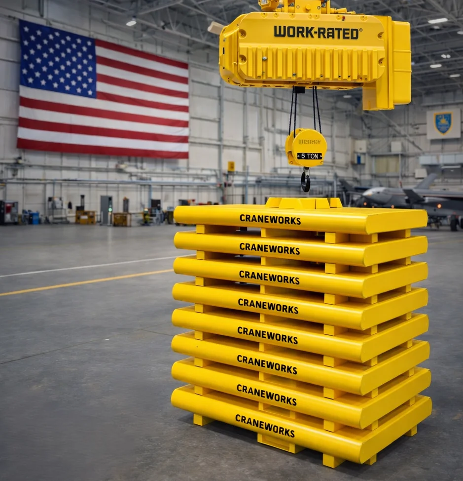 A yellow crane labeled WORK-RATED lifts yellow weight blocks labeled CRANEWORKS inside a large hangar with an American flag on the wall in the background.